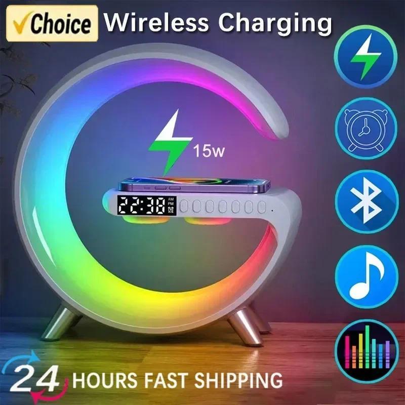 Multifunction Wireless Charger Pad Stand Speaker TF RGB Night Light 15W Fast Charging Station for iPhone Samsung Xiaomi Huawei Cable Card