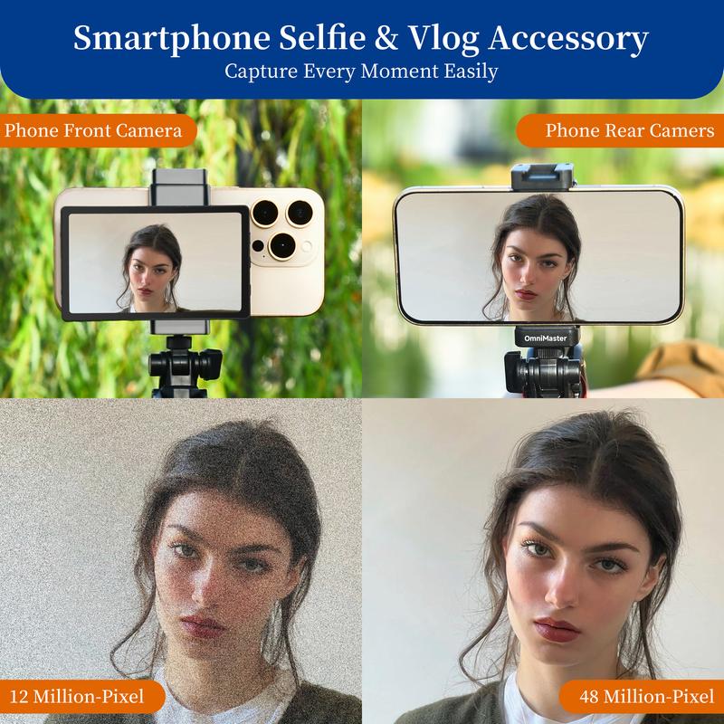 OmniMaster Phone Vlog Selfie Monitor Screen, Using Rear Camera for Selfie Vlog Live Stream (Wireless for iPhone & Android Phone. Wire for iPhone ONLY)