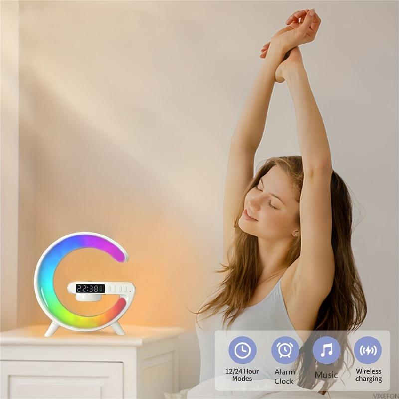 Wireless Speaker Rhythm RGB Light Bar Smart Light Sunrise Alarm Clock Wake Up Light Alarm for Bedroom Dimmable Table Lamp with Fast Wireless Charger Alarm for Heavy Sleeping Adults Bedroom, Dorm, Gift