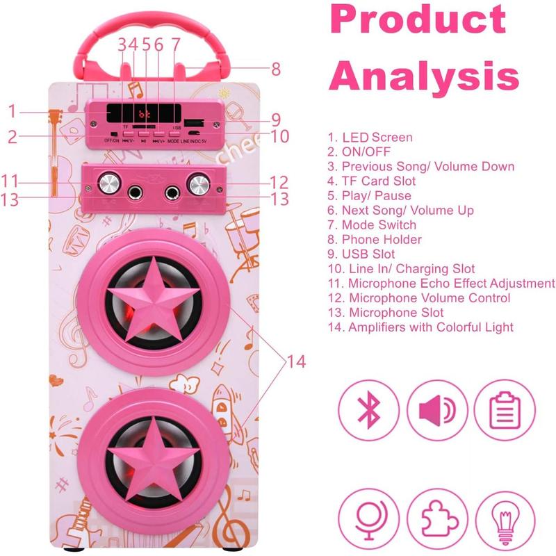 Karaoke Machine with 2 Microphones,  Remote Control Portable Karaoke Music MP3 Player Loudspeaker with Microphones for  Adults Home Party (Pink)