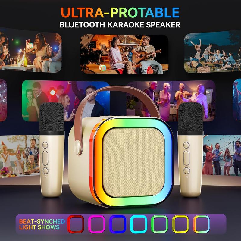 Mini karaoke machine suitable for children and adults, portable Bluetooth karaoke speaker with 2 wireless microphones, ideal gift for children aged 4-12 and above, perfect for birthday parties, families, and outdoor activities