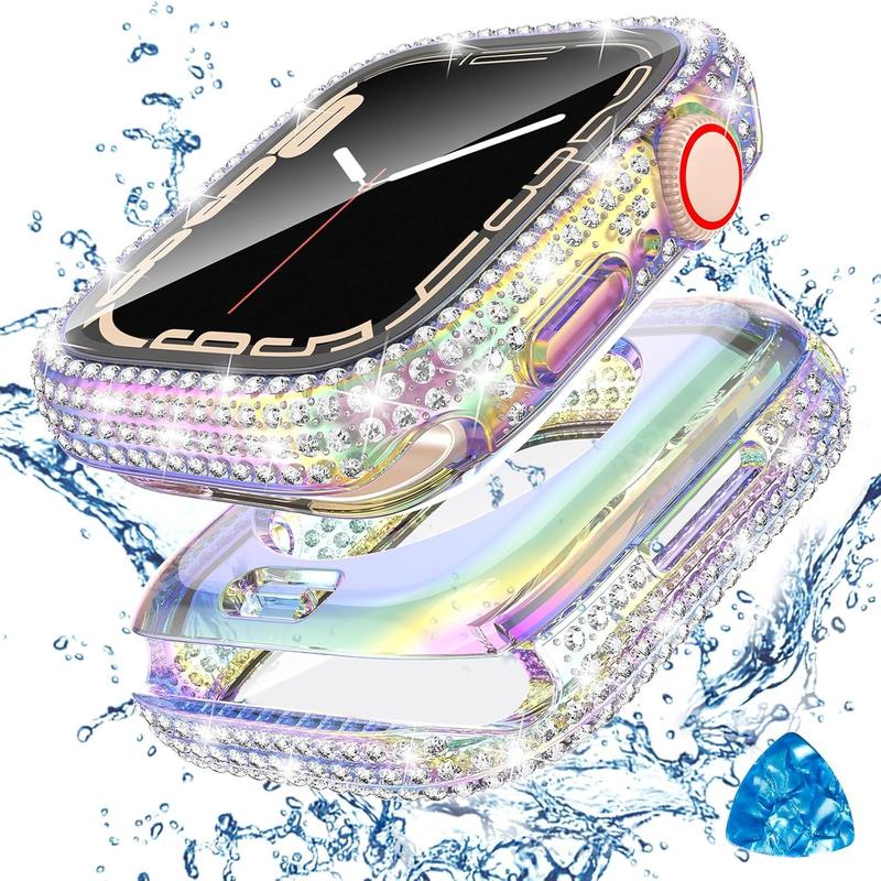 [2 in 1 for Waterproof Apple Watch Screen Protector Case SE 2nd Generation SE 6 5 4 40mm Accessories, iWatch Hard Diamond Front and Back Bumper Case with Tempered Glass Film, Bling Face Cover