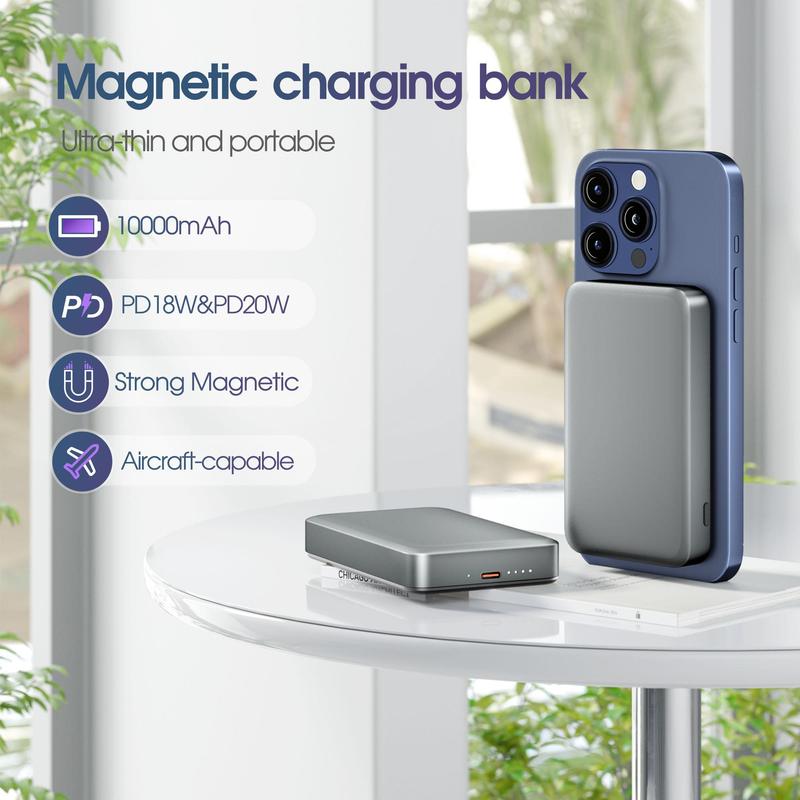 10000mAh Magnetic Wireless Charger Power Bank, Portable Charger for iPhone 15 Pro Max 14 13 12, Phone Accessories, Phone Charger for Smartphone, PD20W & PD18W Fast Charging Power Bank with Type-C Output Input, Stocking Fillers Gift