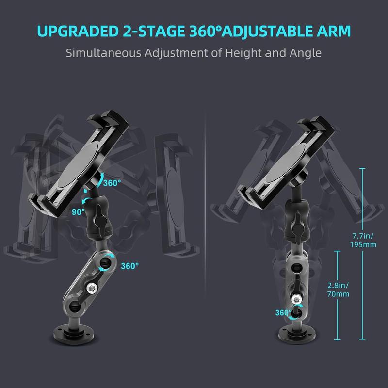 Aluminum Heavy Duty Drill Base Tablet Holder Car Mount Dashboard, 360° Adjustable 2-Stage Stand for 4.7-12.9