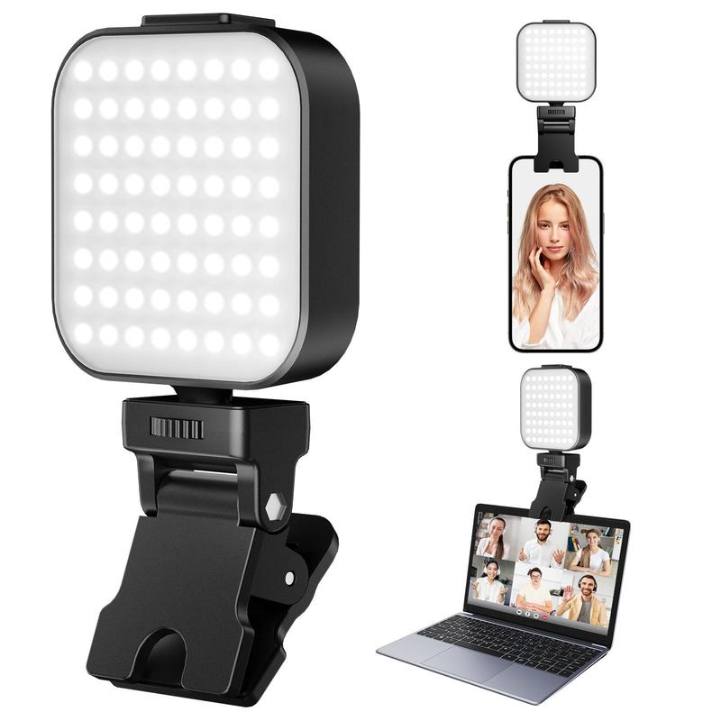 Portable LED rechargeable selfie light with front and rear clip-on cell phone light, adjustable 5 lighting modes for cell phone, IPhone, Android, IPad, laptop, makeup, selfie, video conference