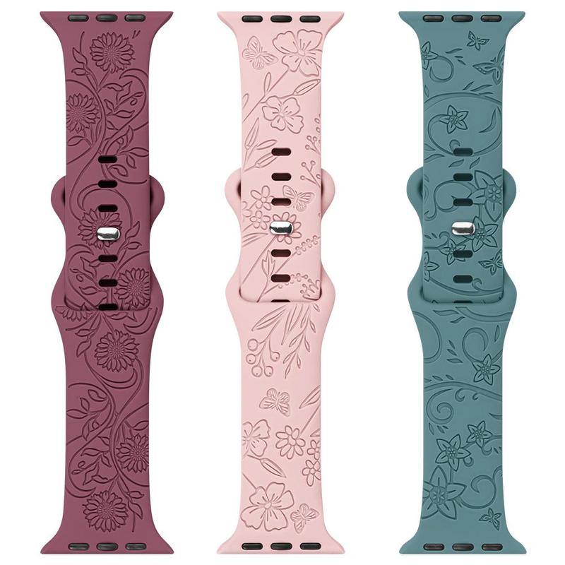 Flower Pattern Silicone Watch Band (Band Only), 3 Counts Breathable Silicone Wristband, Solid Color Replacement Sports Watch Band for iWatch, Fashion Wearable Accessories for Women, Fun Summer Gift, Smartwatch, Wearable Devices