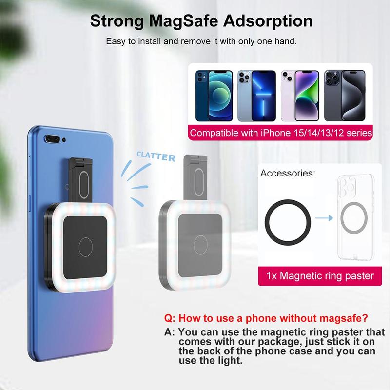 Square Shape Portable Magnetic Phone Selfie Ring Light, 6 Light Modes Phone Clip-on Light, 180° Flip Design Phone Square Light Compatible with iPhone 15 14 13 12 Series Phone, Laptop, Tablet