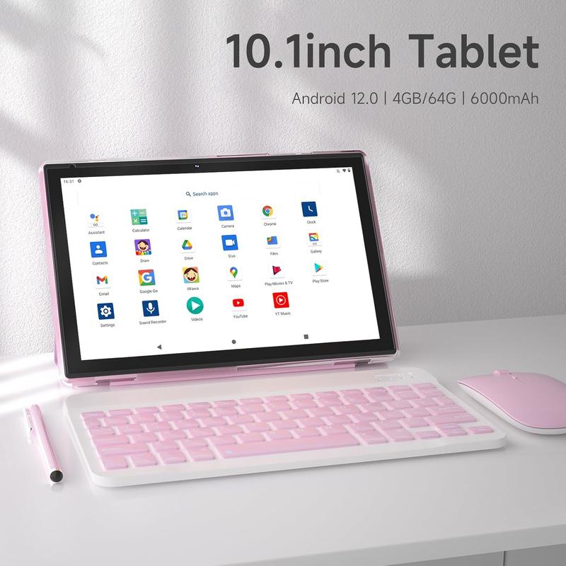 10 inch Android 12 Tablet with Keyboard, 2 in 1 Tablets Set Include Case Mouse Stylus Film, 4GB RAM+64GB ROM, Quad Core 10.1'' Tab, 6000mAh Battery, 8MP Dual Camera, Google GMS Certification Tableta