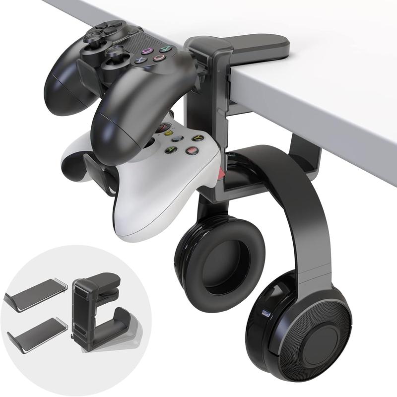 3-in-1 PC Gaming Headset&Controller Holder -  Headphone Stand w Adjustable Clamp&2 Controller Holder&Rotating Arm&Cable Organizer, Universal PC Gaming Accessory Controller Headset Stand-Black