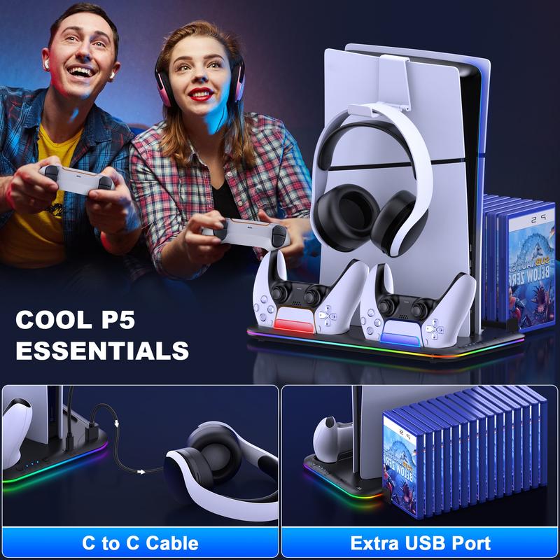 BEBONCOOL RGB PS5 Cooling Stand for PS5&PS5 Slim with Controller Charging Station, Headset Holder, and 15 Game Slots