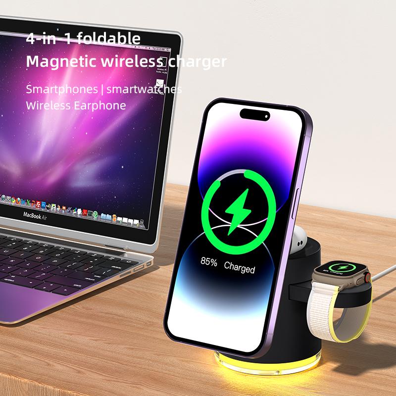 Vaiseke 3 in 1 Charging Station for iPhone, 3 in 1 charging station apple, Wireless Charging Stand for Apple Watch AirPods,Rotating & RGB Light Adjust, Wireless Charger for iPhone 16 15 14 13 12 Series