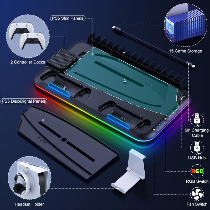 BEBONCOOL RGB PS5 Cooling Stand for PS5&PS5 Slim with Controller Charging Station, Headset Holder, and 15 Game Slots