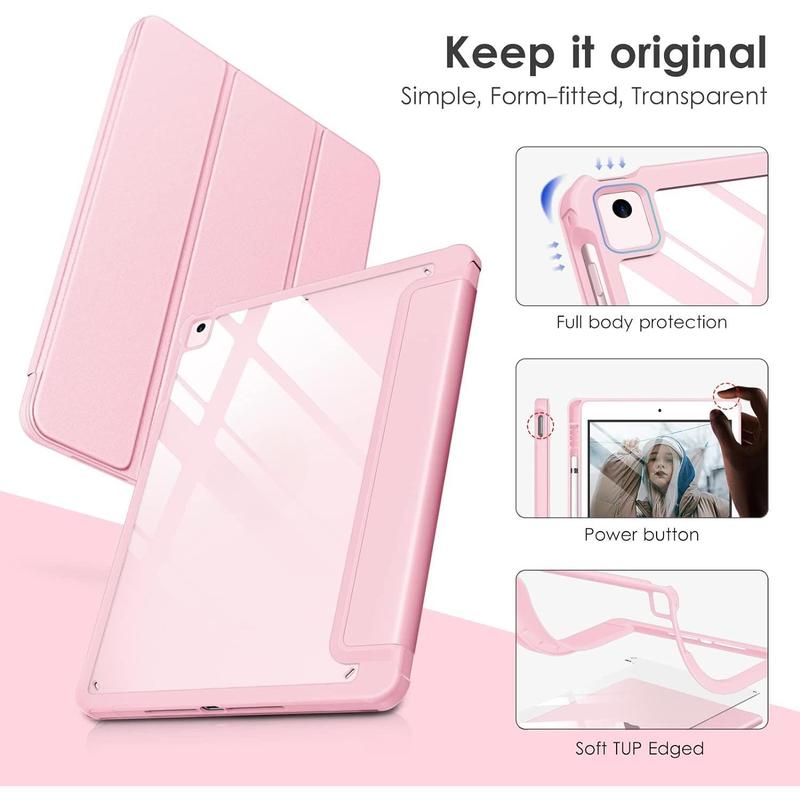 Pad 6th   5th Generation 9.7 inch Case (2018 2017), Pad Air 2 & 1 (2014 2013) Case, Clear Back, Smart Cover [Built-in Pencil Holder, Auto Sleep Wake] - Pink