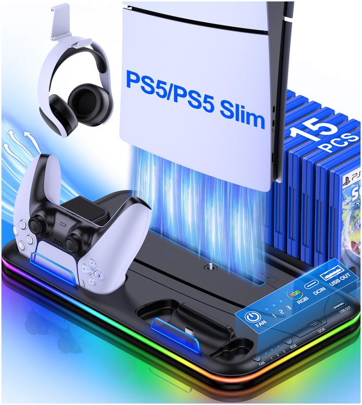 BEBONCOOL RGB PS5 Cooling Stand for PS5&PS5 Slim with Controller Charging Station, Headset Holder, and 15 Game Slots