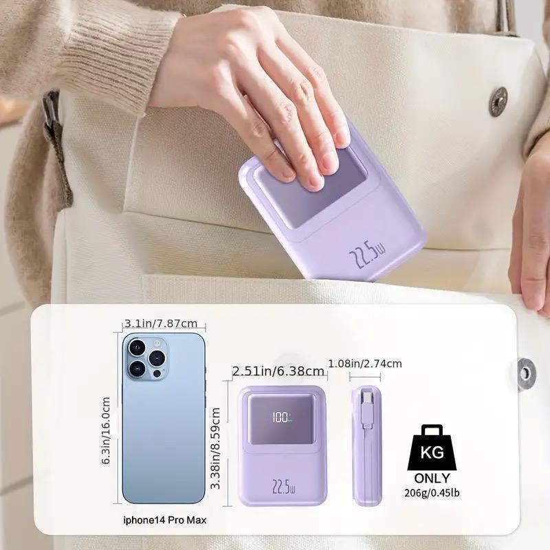 10000mAh Magnetic Wireless Power Bank, Portable Mini Charger with Built-in Cable, PD 20W Fast Charging Power Bank Compatible with iPhone & Android