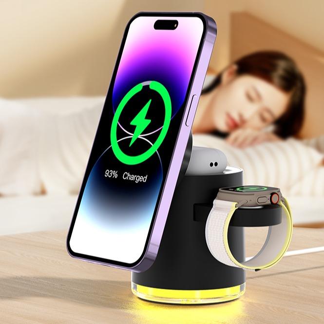 Vaiseke 3 in 1 Charging Station for iPhone, 3 in 1 charging station apple, Wireless Charging Stand for Apple Watch AirPods,Rotating & RGB Light Adjust, Wireless Charger for iPhone 16 15 14 13 12 Series