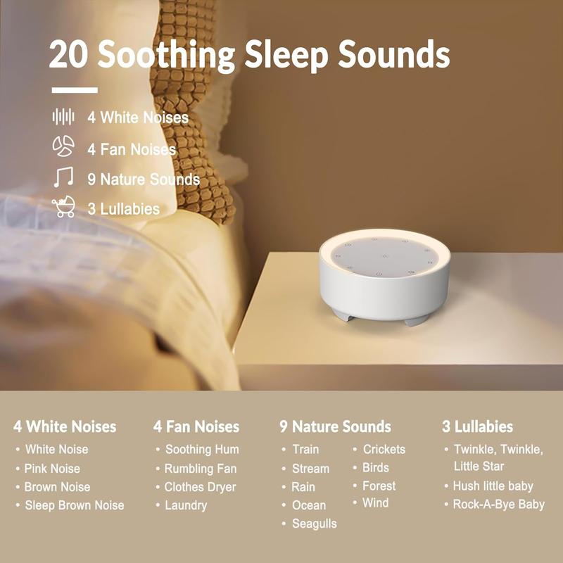 Sound Machine & Night Light for Adults, , . White Noise Machine with 20 Soothing Sleep Sounds. Small Size & Portable Design for Bedroom, Office, Travel. Favorites Buttons, Timer