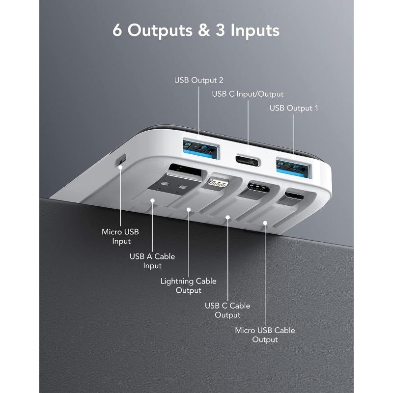 Portable Charger with Built in Cables, Portable Charger with Cords Wires Slim 10000mAh Travel Battery Pack 6 Outputs 3 Inputs 3A Fast Charging Power Bank