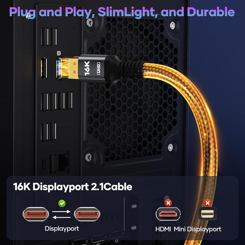 VESA Certified 16K Displayport  2.1, DP 2.1  25FT-7.5M [16K@60Hz, 8K@120Hz, 4K@240Hz 165Hz 144Hz] Support 80Gbps HDR, HDCP DSC 1.2a, Compatible FreeSync G-Sync Gaming Monitor 4090 7900xtx