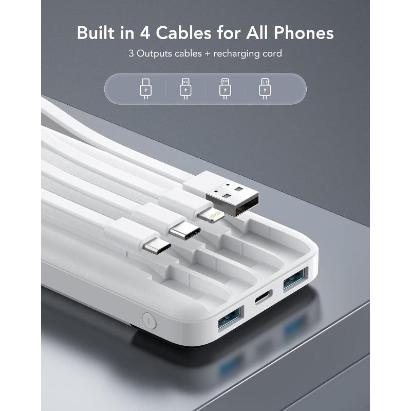 Portable Charger with Built in Cables, Portable Charger with Cords Wires Slim 10000mAh Travel Battery Pack 6 Outputs 3 Inputs 3A Fast Charging Power Bank