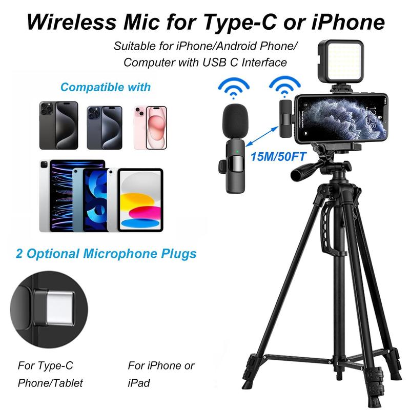 Portable Vlog Video Recording Kit, Phone & Camera Retractable Tripod with LED Fill Light & Wireless Microphone & Phone Holder, Professional Video Recording Tool Kit for Live Streaming, Vlogging Kit, Camera Stand, Videography Equipment