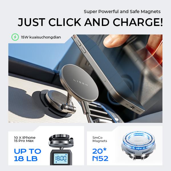 LISEN for Magsafe Car telephone Mount ChargerWireless Car Charger  CellPhone Holder Mount, For iPhone 16 Pro Plus Max 14 13 12 Mobile Magnetic Case Charging,Please plug the charging cable into the USB-C port Smartphone Electronic