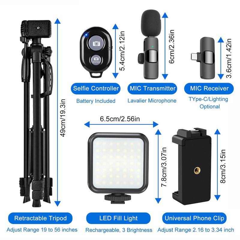 Portable Vlog Video Recording Kit, Phone & Camera Retractable Tripod with LED Fill Light & Wireless Microphone & Phone Holder, Professional Video Recording Tool Kit for Live Streaming, Vlogging Kit, Camera Stand, Videography Equipment