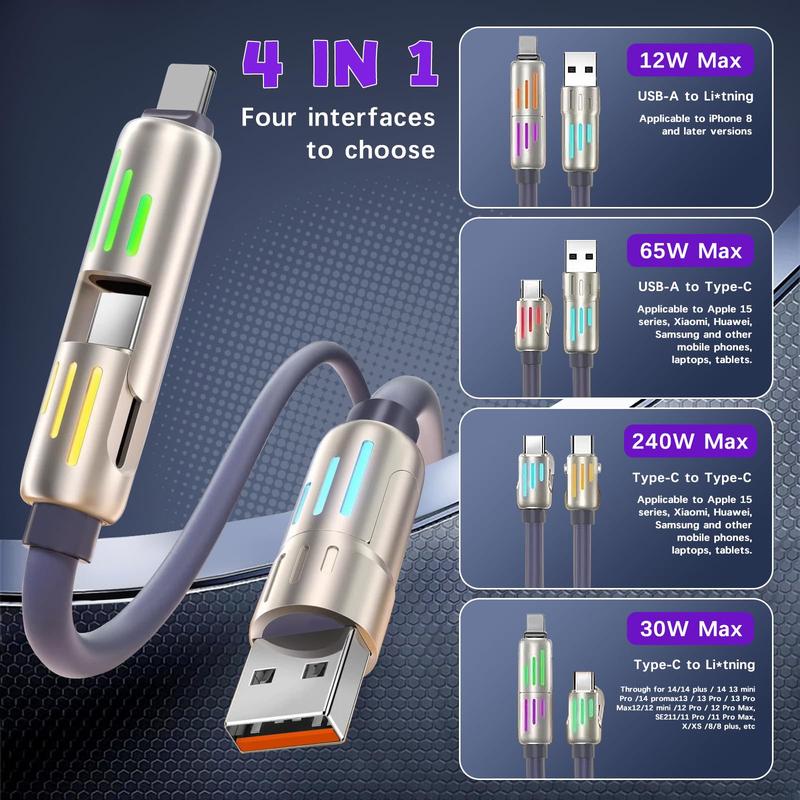 4-in-1 USB Charging Cable, fast charging cable USB A+ TYPE C + Lightning Multi national aluminum alloy cable management suitable for iPhone 16 15 14 Samsung Galaxy, Android Phones & Tablets iPad Pro Smartphone Cellphone Mobile Electronic