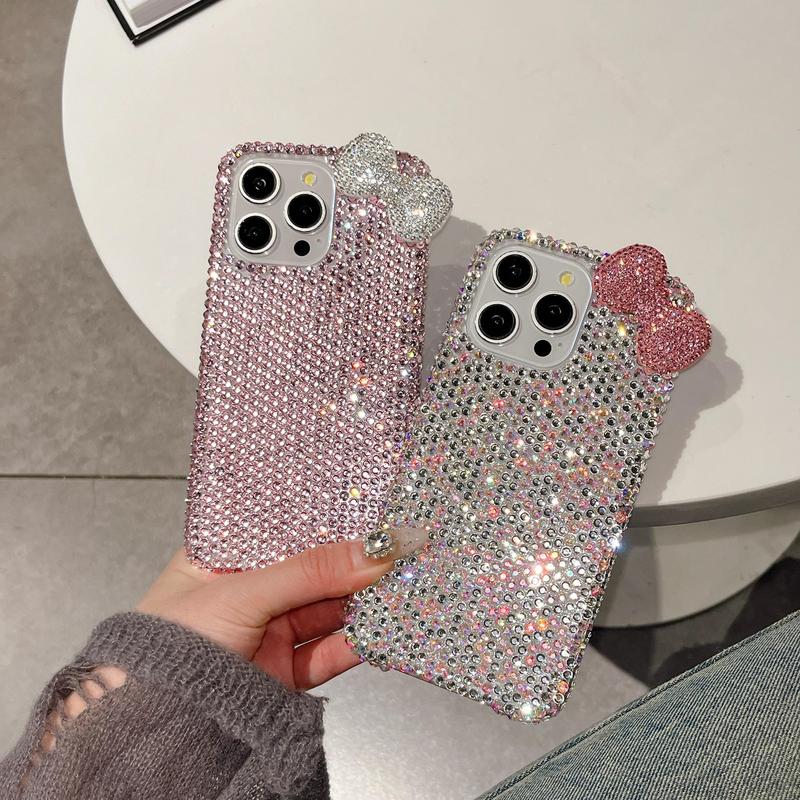 Rhinestone Bow Decor Phone Case, Cute Phone Cover, Fashion Phone Accessories Compatible with iPhone 15 14 13 12 11 Pro Max