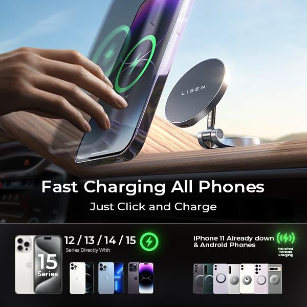 LISEN for Magsafe Car telephone Mount ChargerWireless Car Charger  CellPhone Holder Mount, For iPhone 16 Pro Plus Max 14 13 12 Mobile Magnetic Case Charging,Please plug the charging cable into the USB-C port Smartphone Electronic