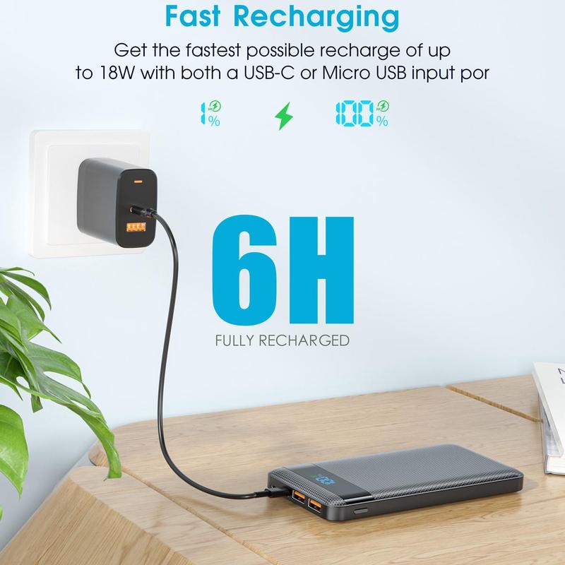 Portable Power Bank, 10000mAh Slim and Compact Battery Pack with Built-in LED Display, QC3.0 PD20W Fast Charging Power Bank for Android & iPhone