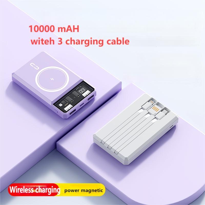 10000mAh Portable Magnetic Wireless Power Bank, Multifunctional Power Bank with 3 Output Cables, USB Type-C & Android Input Power Bank