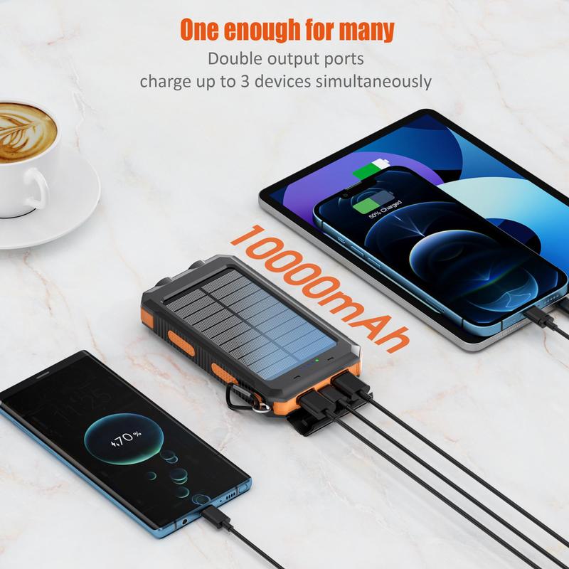 Solar Powered Power Bank, 10000mAh Portable Charger with Compass & LED Flashlight, Water & Dust Resistant External Battery Pack for Multiple Devices