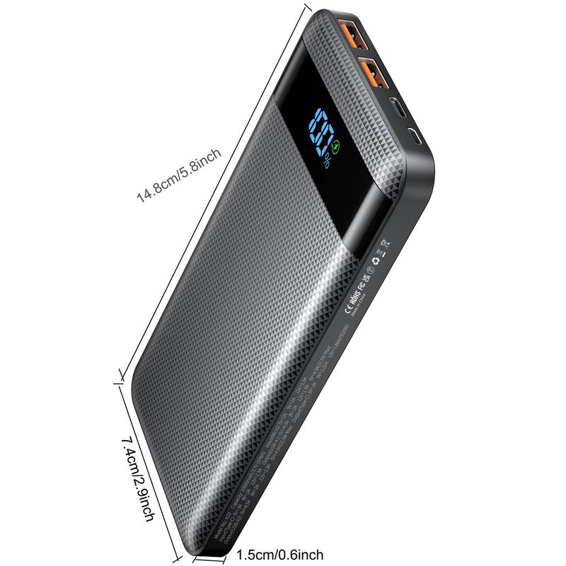 Portable Power Bank, 10000mAh Slim and Compact Battery Pack with Built-in LED Display, QC3.0 PD20W Fast Charging Power Bank for Android & iPhone