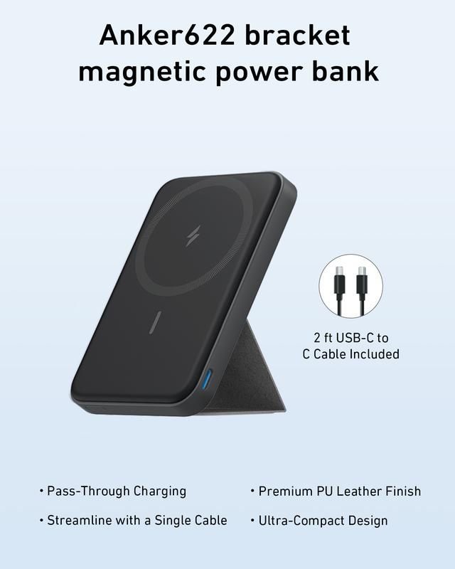 Anker 622 Magnetic Battery MagGo, 5,000mAh Foldable Wireless Charger with Stand and USB-C Port, Compatible for iPhone