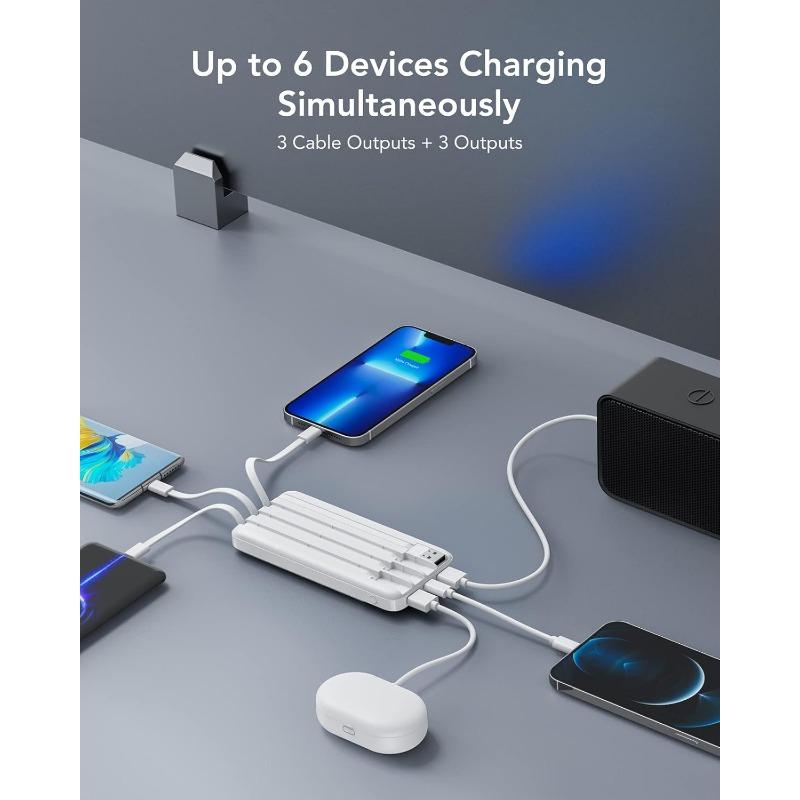 Portable Charger with Built in Cables, Portable Charger with Cords Wires Slim 10000mAh Travel Battery Pack 6 Outputs 3 Inputs 3A Fast Charging Power Bank