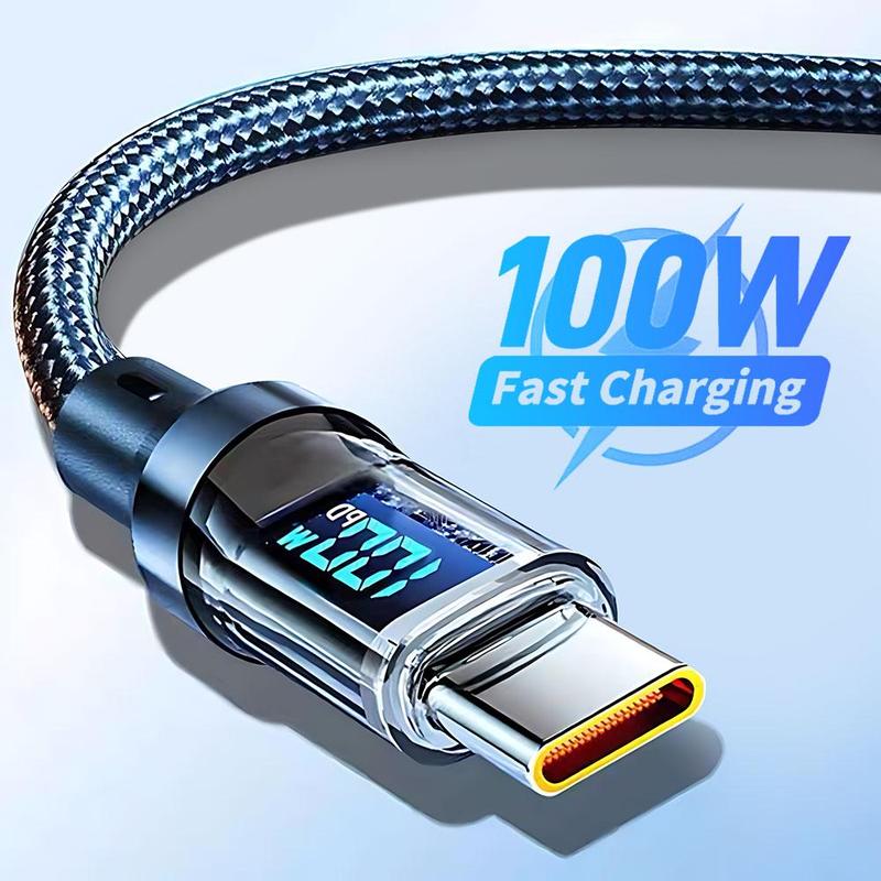 100W Fast Charging Type-C Data Cable, Intelligent Digital Display Phone Charging Cable, Wear-Resistant Nylon Braided Durable Data cable for iPhone 15 & Android, Smartphone Accessories