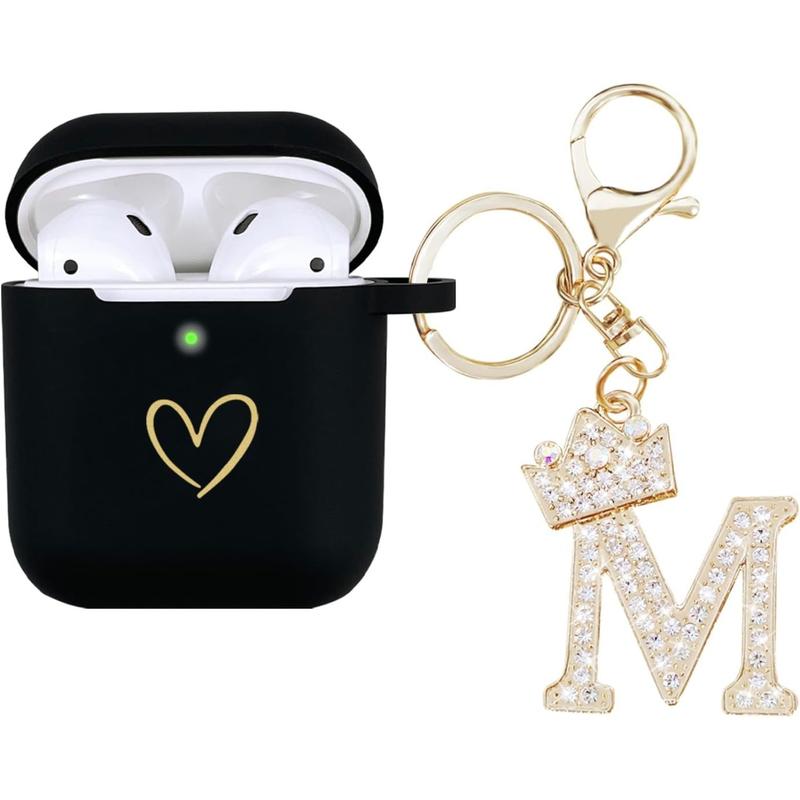 Compatible with AirPods Case Cover, Soft Silicone Case with  Heart Pattern for AirPods 2&1 Generation Case with Studded Letter A-Z Keychain (M Black)