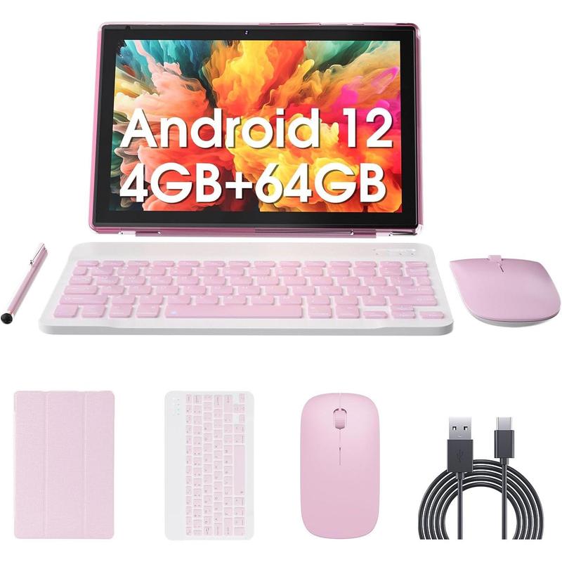 10 inch Android 12 Tablet with Keyboard, 2 in 1 Tablets Set Include Case Mouse Stylus Film, 4GB RAM+64GB ROM, Quad Core 10.1'' Tab, 6000mAh Battery, 8MP Dual Camera, Google GMS Certification Tableta