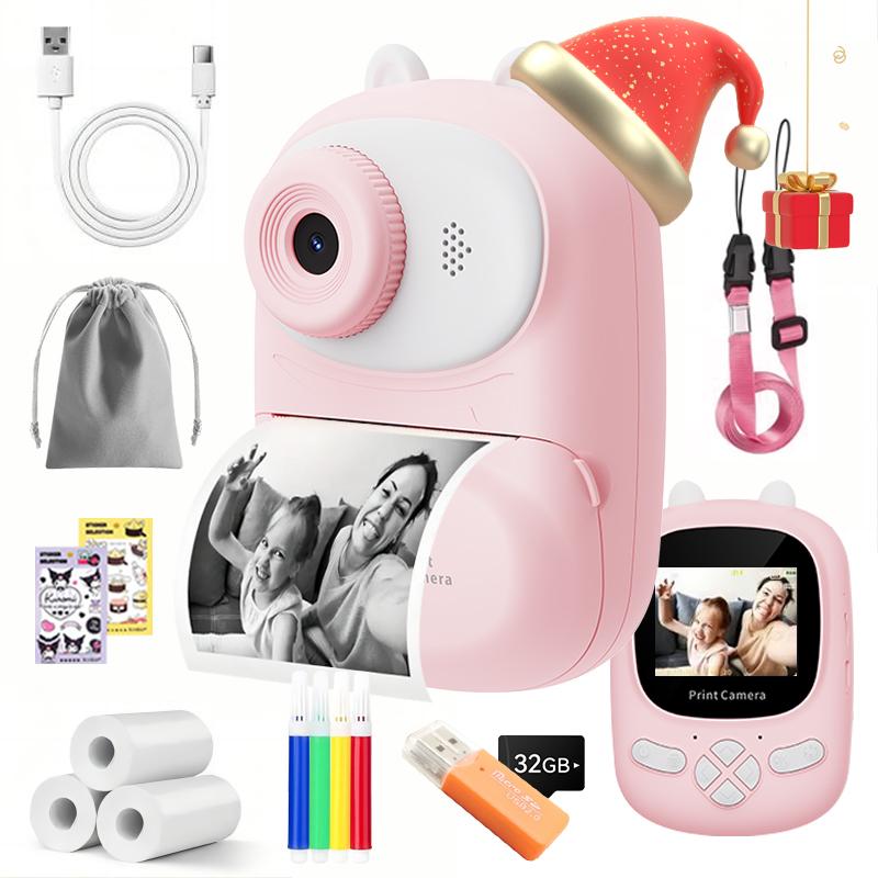 Instant Camera for Kids, Thermal Printing, HD Color Screen, 32G Memory Card, USB Rechargeable, Fast Photo Printing Toy camera, Birthday gift, For All Ages