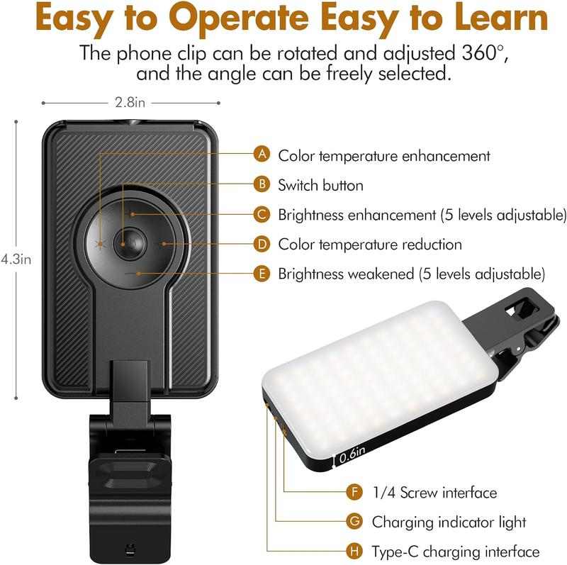 Rechargeable Clip-On Selfie Light for iPhone, Camera, Laptop, TikTok, Vlog - 5 Lighting Modes, 80 High-Power LEDs