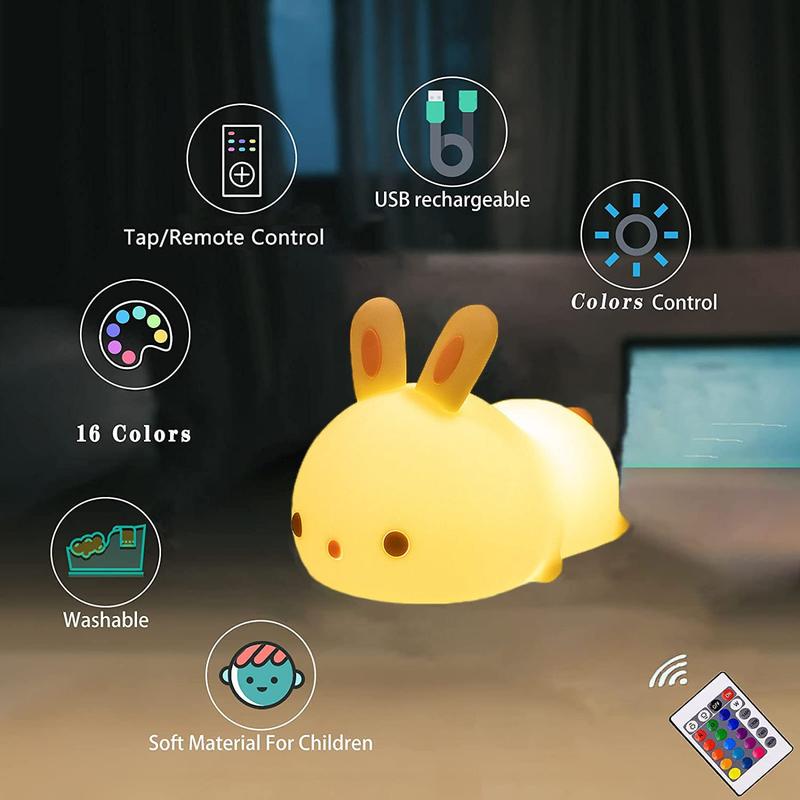 Cute Bunny Night Light, USB Rechargeable Kids Night Light, Warm White and 16 Colors Breathing Modes Led Animal Lights for Girls, Childrens, Toddler, Baby and Kids Christmas Gifts