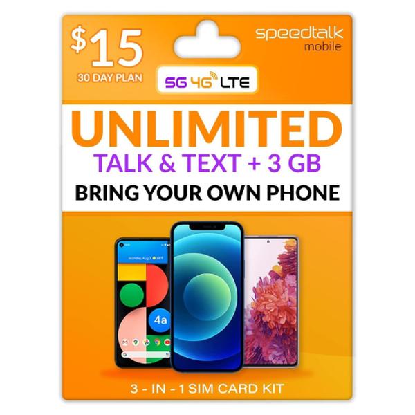 SpeedTalk Mobile Prepaid SIM Card Unlimited Talk & Text 3GB of 5G 4G LTE Data 30 Days Cell Phone Service Prepaid Subscription Plan Cancel Anytime 3in1 Simcard -Standard Micro Nano