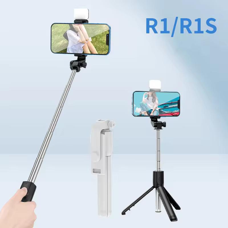 Portable Mobile Selfie Stick R1S with Built-in Light for Live Streaming and Makeup - Bluetooth Connectivity - Accessories Foldable Phone tripod