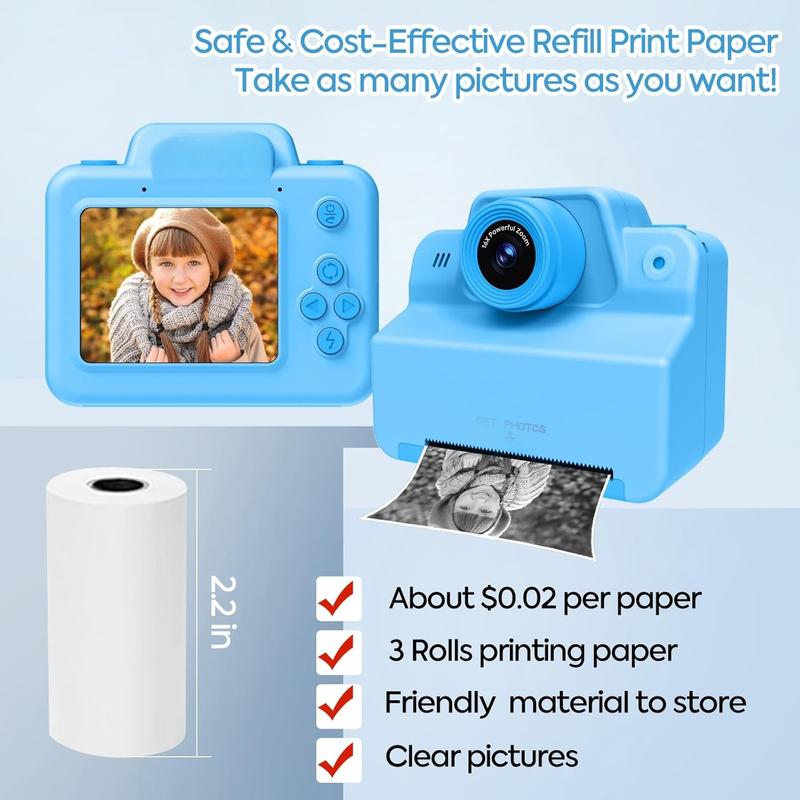 Instant Camera for Kids, Kids Instant Print Camera for 3 4 5 6 7 8 9 10 Years Old Girl Christmas Birthday Gifts, Portable Kid Toddler Digital Travel Camera Toy for Girls Boys Age 3-12 with SD Card