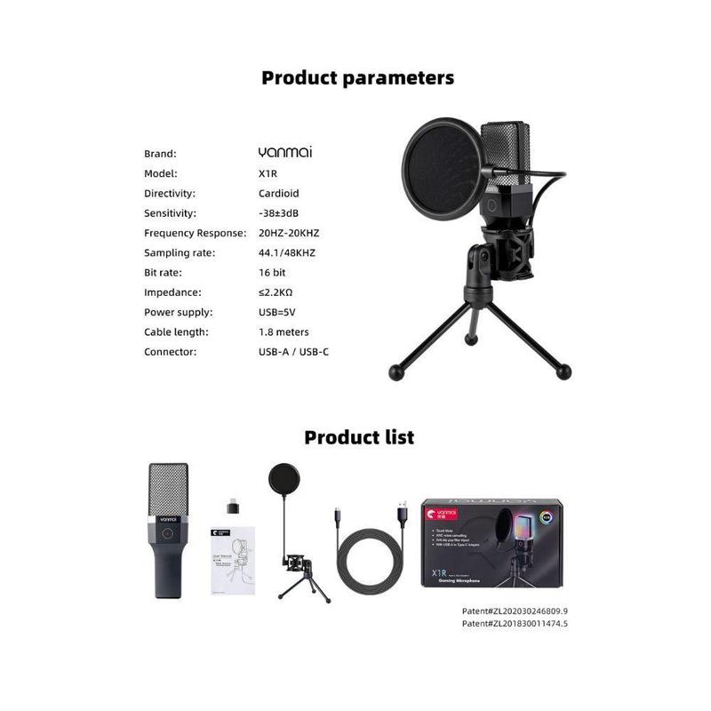 Professional RGB Type Microphone, Studio-Quality Recording Microphone with Tripod, Live Streaming, Podcast Broadcasting Microphone for Music Recording, Condenser Microphone, Gaming Microphone, Microphone Gaming