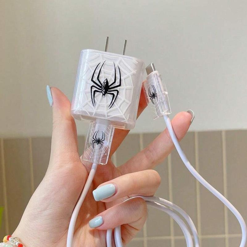 Spider Design Charger & Data Cable Protector Case, Transparent TPU Charger Protective Case, Phone Accessories Compatible with iPhone 20w Charger