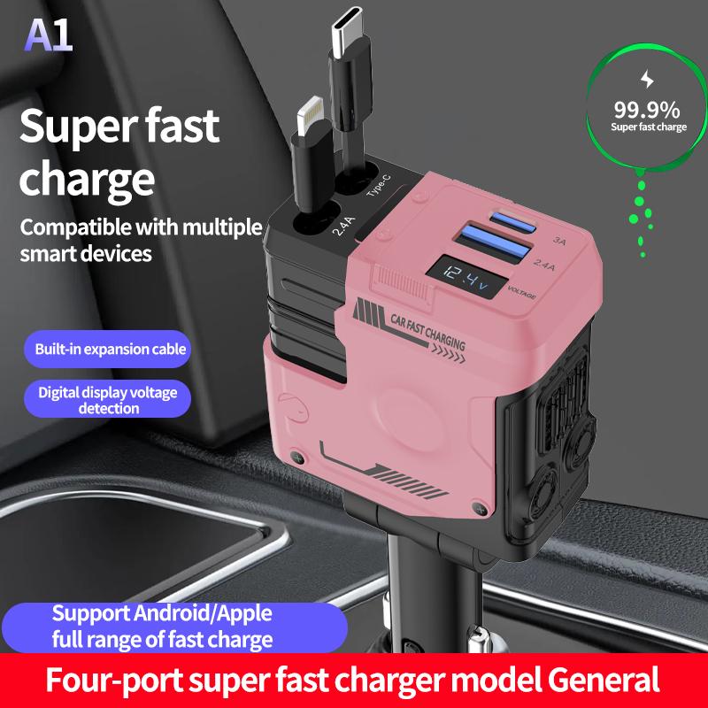 4 in 1 Retractable Car Charger,High-Speed USB C Adapter with Lightning Cable and Dual Charging Ports for iPhone 15 14 13 Pro Max Plus, iPad, AirPods, Samsung Galaxy S23 S22 S10, Google Smart Device