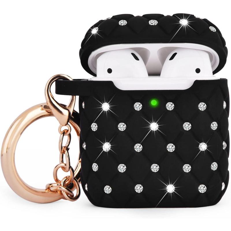 for Airpod Case 2nd 1st Generation, Cute  Airpods Case Protective Cover Accessories Keychain Compatible with Airpods Gen 2 1st Case Women Girls, Black