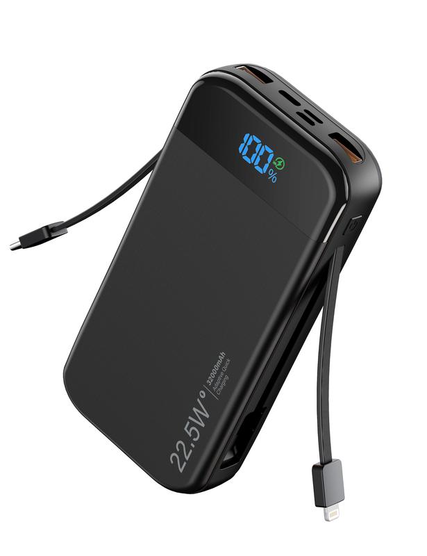 32000mAh built-in USB-C and IOS cable battery pack, LED digital display portable charger, 22.5W fast charging, PD20W power bank, 5 outputs and 3 input ports, essential power pack for outdoor activities & travel